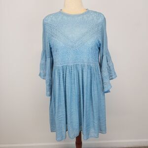 Umgee Lace Flare Sleeve Babydoll Dress Size M Blue Embroidered Fairy Romantic